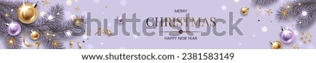 Horizontal banner with gold, purple Christmas symbols and text. Christmas tree, balls, golden tinsel confetti and snowflakes on light. Luxury background.
