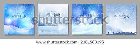 Vector illustration. Flat landscape. Snowy background. Snowdrifts. Snowfall. Clear blue sky. Blizzard. Cartoon wallpaper. Cold weather. Winter season. Design elements for web banner, social media Royalty-Free Stock Photo #2381583395