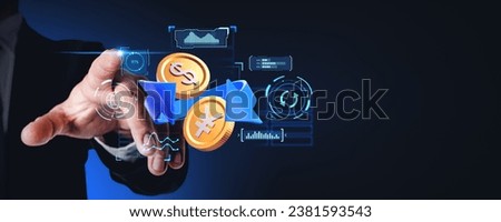 Businessman hand finger touching virtual screen, dollar and yen or yuan cartoon coins and arrow. Graph chart and transaction hologram hud with lines and indicators. Concept of conversion