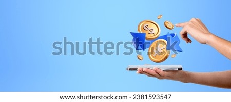 Woman holding phone and finger touch gold dollar and yen or yuan coins, blue arrow on copy space empty background. Concept of mobile banking, money exchange and conversion Royalty-Free Stock Photo #2381593547