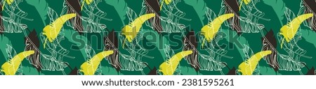 Palm leaves branches exotic Hawaii pattern. Tropical banana tree seamless floral design. Jungle plants. Bird feather. Vector exotic pattern. Hawaiian picture for textile and fabric. Aloha.