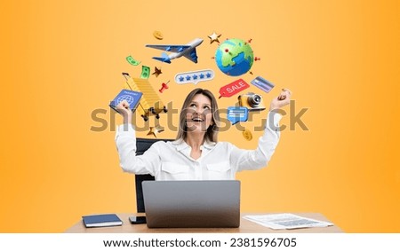Dreaming and happy businesswoman looking up at diverse holiday icons, raised hands and office workplace with laptop. Concept of planning a vacation, work and travel