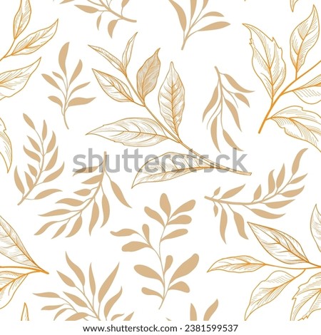 Floral seamless pattern. Branch with leaves gentle autumnal texture. Flourish nature summer garden sketch drawing leaves background Royalty-Free Stock Photo #2381599537