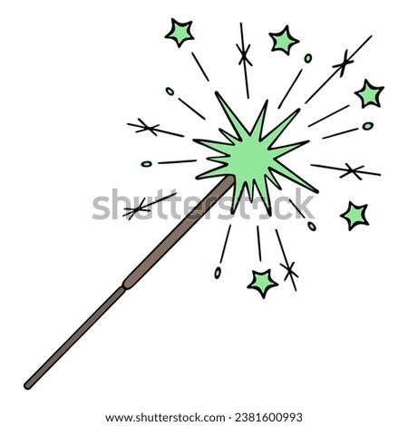 Burning sparkler. From a lit fire, green sparks scatter in the form of stars. Pyrotechnics. Color vector illustration. Isolated background. Cartoon style. Attribute for celebrating a festive event. 