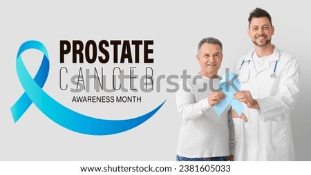 Man and doctor with light blue ribbon on grey background. November is a Prostate Cancer Awareness Month Royalty-Free Stock Photo #2381605033