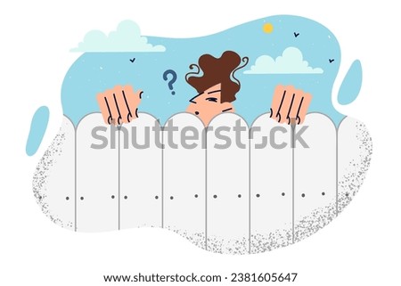 Man neighbor peeks enviously from behind fence and watches passers-by, feeling suspicious of strangers. Young neighbor jealously spies on you, suffering from obsessive curiosity and lack of trust Royalty-Free Stock Photo #2381605647