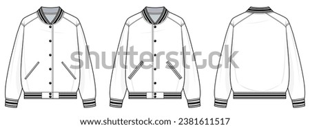 Bomber jacket technical fashion illustration. bomber jacket vector template illustration. front and back view. oversized. drop shoulder. unisex. white colour. CAD mockup. Royalty-Free Stock Photo #2381611517