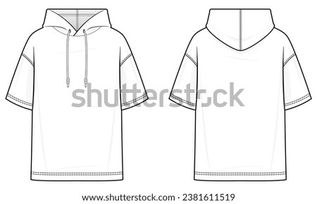 short-sleeved Hoodie technical fashion illustration. Mens Short Sleeve Hoodie Pullover Top vector template illustration. front and back view. oversized. drop shoulder. unisex. white color. CAD mockup. Royalty-Free Stock Photo #2381611519