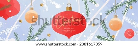 Merry Christmas and Happy New Year greeting web banner. Modern Xmas art doodle design with typography, beautiful Christmas tree, balls and snowflake pattern. Minimal card, flyer, layout, poster, cover