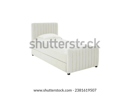 Classic single bed with big headboard isolated on white Royalty-Free Stock Photo #2381619507