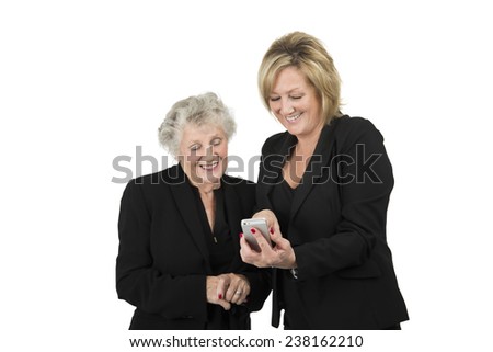 Business women working on mobile phone against a white background