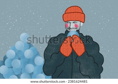 Creative retro 3d magazine collage image of tricky cunning guy playing snow balls isolated grey color background