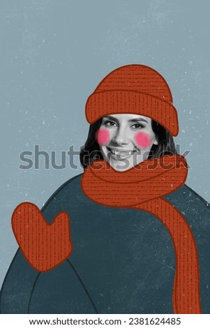 Collage artwork graphics picture of charming smiling lady feeling winter freezing cold isolated grey color background