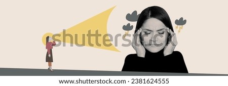 Picture sketch collage of stressed depressed woman suffer pain loud noise hands touch temples isolated on drawing background