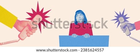 Picture collage sketch of sad woman listening clients customers arm hold huge telephone isolated on drawing background Royalty-Free Stock Photo #2381624557