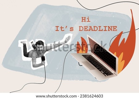 Composite creative photo collage of funny man falling near laptop reminds about deadline in microphone isolated on drawing background
