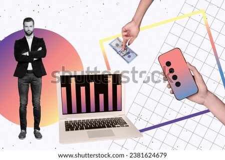 Composite creative photo collage of confident man hold hands crossed processing wireless online payment isolated on drawing background