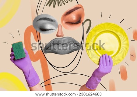 Collage photo of depressed female human face upset girl bad mood holding yellow plate housemaid cleaner isolated on beige drawn background