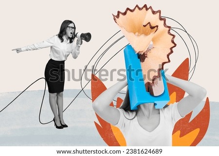 Magazine picture sketch collage image of angry lady screaming toa lady sharpener instead head isolated creative background