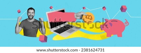 Photo cartoon comics sketch collage picture of funky lucky guy earning crypto money modern device isolated creative background