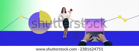 Creative abstract template graphics collage image of confident business lady showing start up presentation isolated colorful background