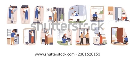 Home repair workers set. Repairmen, masters work with professional tools. House renovation, fixing, installing, building and maintenance service. Flat vector illustrations isolated on white background Royalty-Free Stock Photo #2381628153