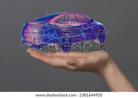 A 3D rendered blue car hologram floating on the palm of a hand