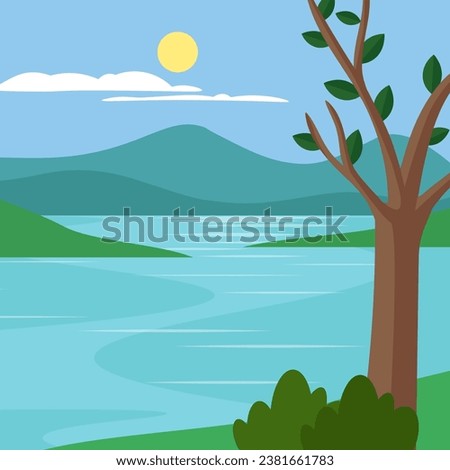 Landscape with river and trees in flat style. Vector illustration.