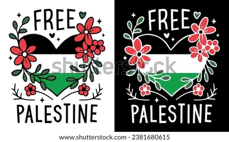 Free Palestine Palestinian flag heart and flowers drawing. Illustration to support Palestine. Vector for t-shirt, printable products and social media post. Love and freedom concept stop the war.