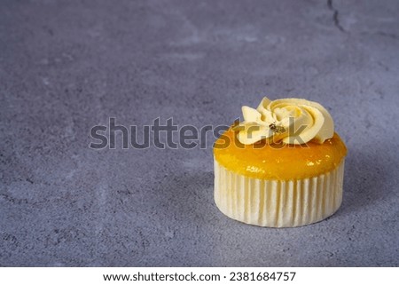 cupcake with cream on grey cement background. copy space for text