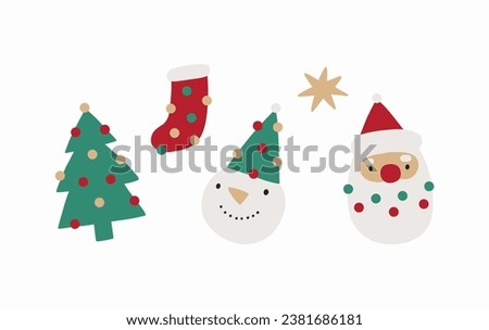 Cute Cartoon Christmas vector set with Christmas tree, Santa, Snowman and star
