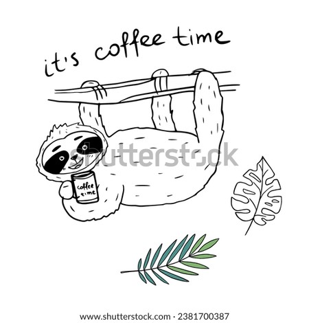 Cute sloth on a tree with cup of coffee and tropical leaves in doodle style. Hand-drawn. Coloring. Outline drawing. Black and white image. Monochrome image. Vector illustration EPS10