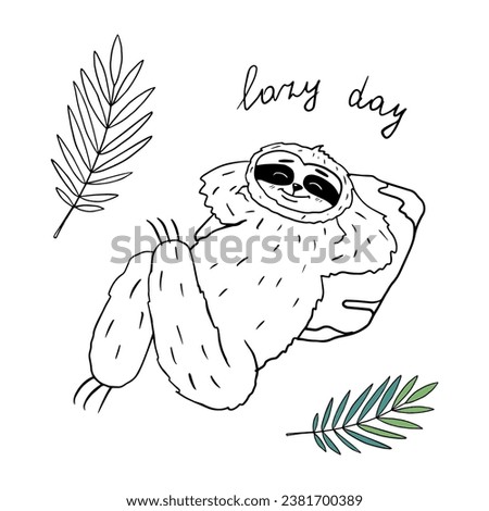 Cute sloth lies on a pillow in doodle style. Relax. Lazy day. Hand-drawn. Coloring. Outline drawing. Black and white image. Monochrome image. Vector illustration EPS10