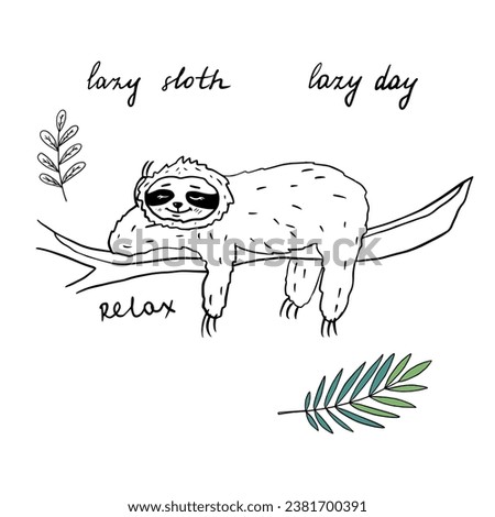 Cute sloth lies on a tree in doodle style. Relax, lazy day. Hand-drawn. Coloring. Outline drawing. Black and white image. Monochrome image. Vector illustration EPS10