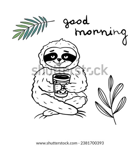Cute sloth with cup of coffee and tropical leaves in doodle style. Hand-drawn. Coloring. Outline drawing. Black and white image. Monochrome image. Vector illustration EPS10