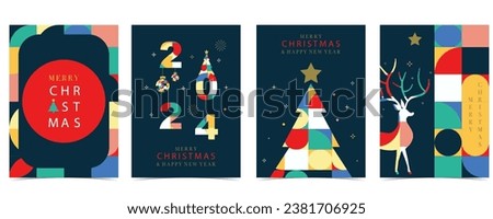 Christmas geometric background with christmas tree,reindeer.Editable vector illustration for postcard,a4 size