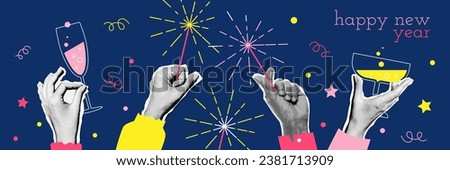 90s vintage New year banner design with hands holding champagne glasses and sparklers. Torn out paper Collage style. Retro style party. Vector illustration for poster or greeting card Royalty-Free Stock Photo #2381713909
