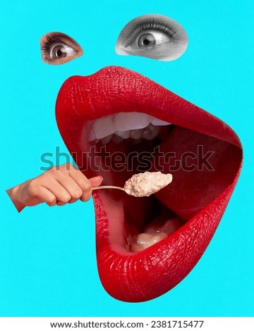 Gian female mouth with red lipstick eating spoon with porridge over blue background. Breakfast. Contemporary art collage. Concept of food, taste, surrealism, creativity. Pop art style. Poster, ad