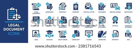 Legal document icon set. Containing contract, agreement, passport, ID card, certificate, license, patent, testament and more. Vector solid icons collection. Royalty-Free Stock Photo #2381716543