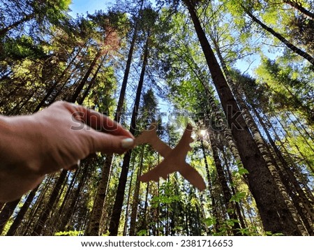 Hand holding toy wooden airplane plane and trees in forest background. Concept of flying on airplane, travel, leisure, adventure. Plane flying down because of crash. Blurred picture, partial focus