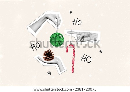 Creative trend collage of hands hold decoration prepare gifts christmas new year greeting card template holiday x-mas congratulation