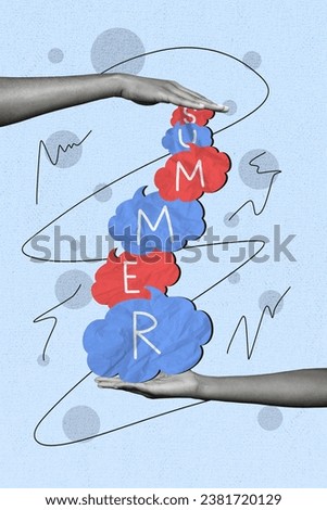 Vertical collage image of black white effect arms hold summer dialogue bubble pile stack isolated on painted blue background