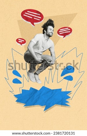 Vertical collage image of excited black white effect guy jump dive drawing water puddle dialogue bubble isolated on beige background Royalty-Free Stock Photo #2381720131