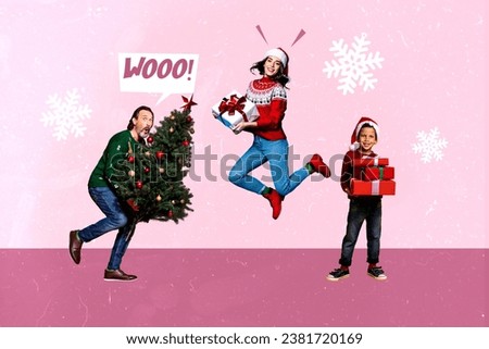 Artwork collage picture of funky people hold christmas evergreen tree giftbox flying snowflakes isolated on pink background