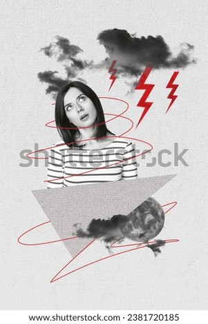 Vertical collage picture of unsatisfied minded black white colors girl clouds thunder full moon isolated on painted background