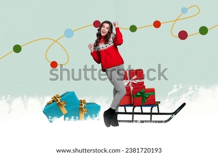 Artwork collage picture of delighted funky girl raise fists pile stack christmas giftbox sledge snowy weather isolated on painted background