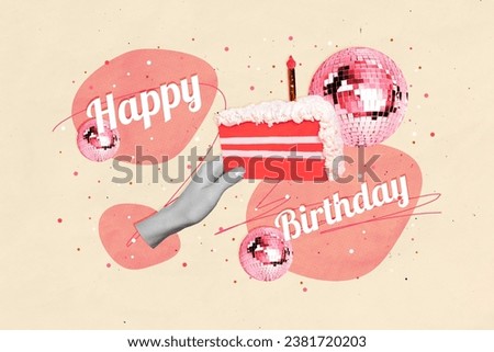 Poster picture image collage of arm hold delicious birthday cake isolated on beige color drawing background