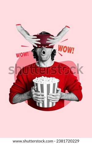 Photo collage artwork minimal picture of impressed guy enjoying hi tech movie isolated pink color background