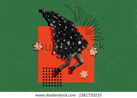 Composite collage picture image of decoration tree jumping legs christmas new year greeting card template holiday x-mas congratulation