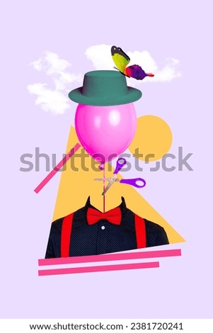 Collage picture image of unknown unusual personage ait balloon instead face isolated on drawing background